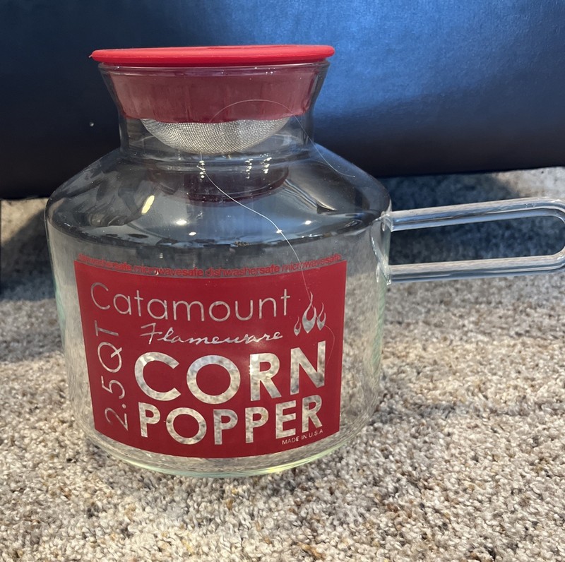 Catamount Flameware Corn popper 2.5 QT Microwavable Glass Complete WITH a Lid