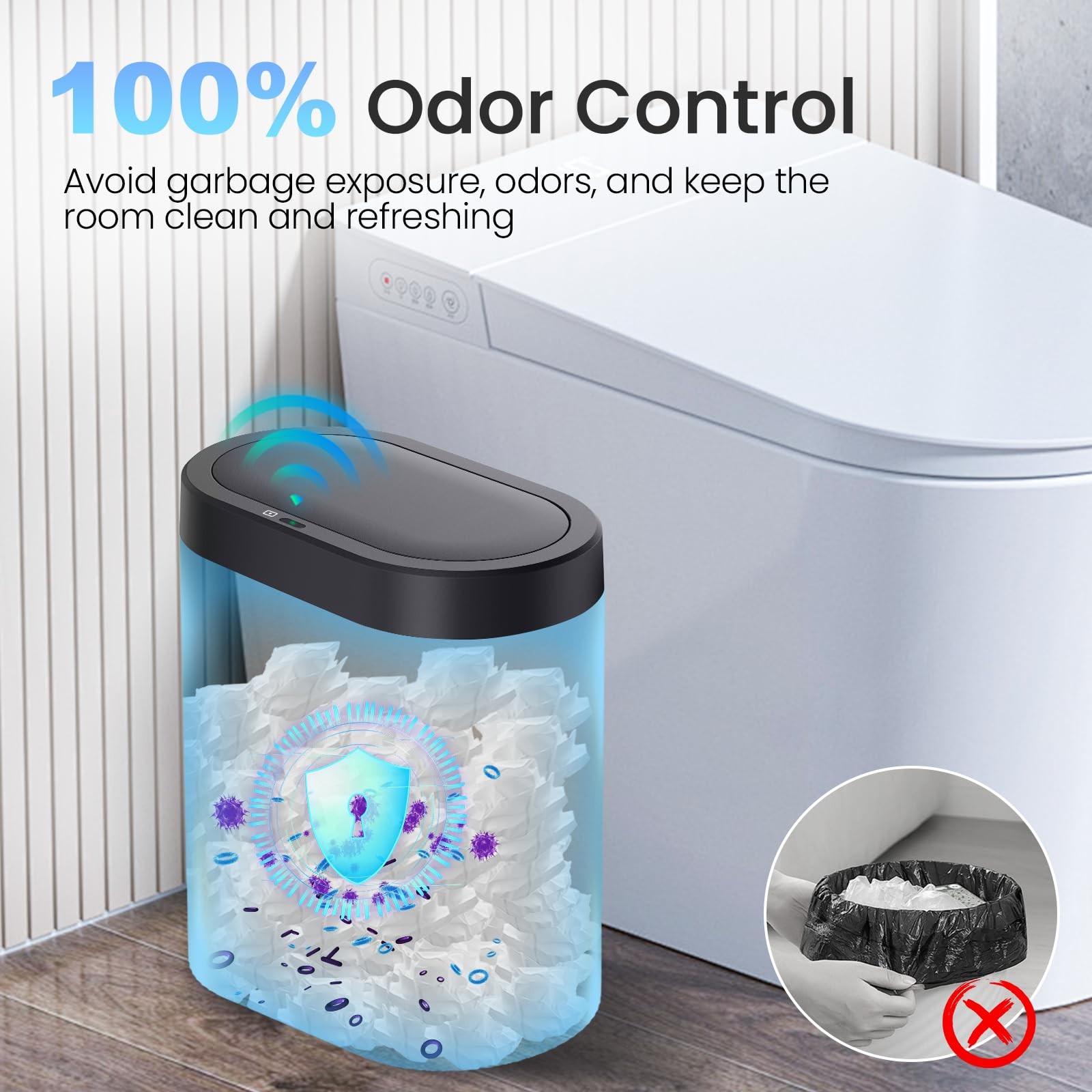 5 Gallon Bathroom Trash Can with Lid, Automatic Motion Sensor Black Trash Can...