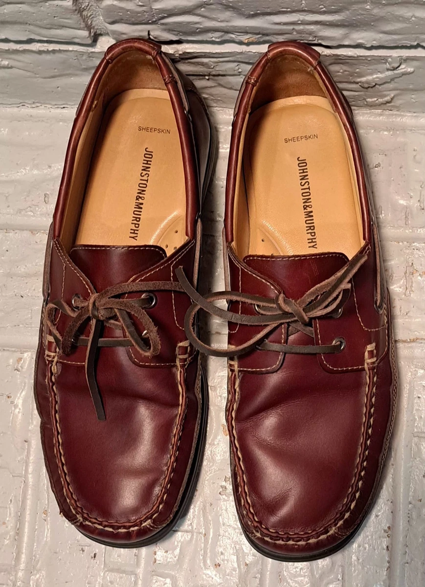 Johnson Murphy Sheepskin Boat Loafer Shoes Men 13 Rawhide Lace‎ Up Brazil Brown Johnston & Murphy Boat Shoe Brown Casual Shoes for Men for  main image 3