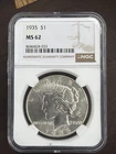 1935 Peace Dollar NGC MS 62 90% Silver Coin Collectible