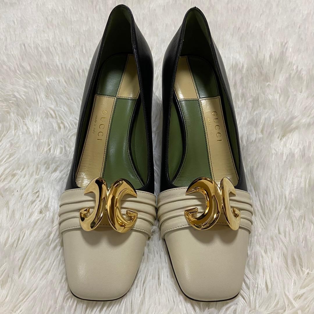 Auth Gucci GG Pumps Leather Bicolor White Black Logo Heel EU36 US6 UK3 thumbnail 2