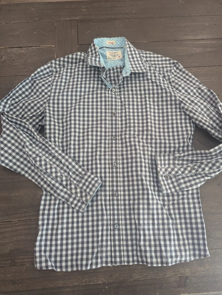 Camisa 7 Diamantes Para Hombre M Azul Marino Blanco Guinga Cuadros Manga Larga Botón Algodón Foto 2 de 4