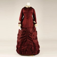 1880s Red Rococo Bustle Evening Dress Victorian Elizabethan Duchess Ball Gown
