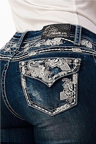 Grace in LA Women's Embroidered Yoke Distressed Flap Pocket Bootcut Jeans