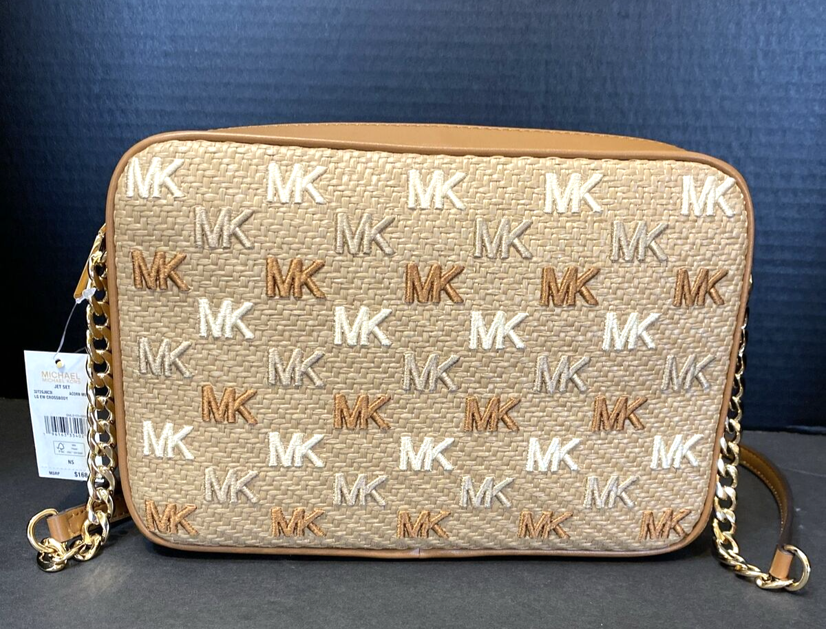 Michael Kors Jet Set Large East West Crossbody ACORN Multi STRAW LOGO NEW  $168
