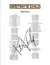 Kelly Rowland Signed Autographed Destiny's Child SURVIVOR Lyric Sheet COA