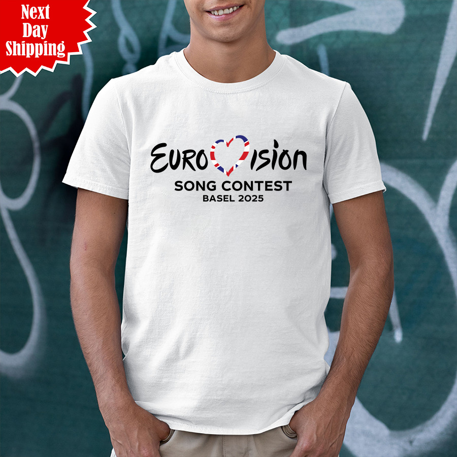 Camiseta Estampada Festival de la Canción de Eurovisión Basilea 2025 Bandera del Reino Unido Corazón Música Regalo Prendas para el torso