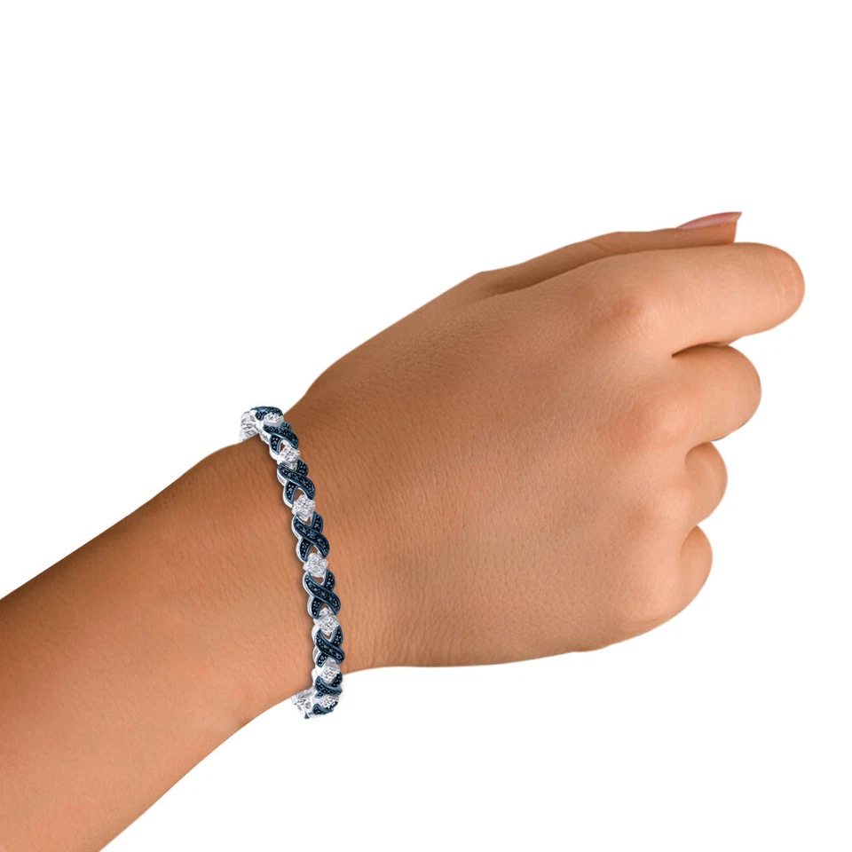 Brazalete tenis redondo azul diamante real chapado en oro blanco de 14K plata de ley Foto 4 de 4