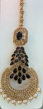 Indian Bollywood Black Pearl Bead Gold Tone Maang Tikka Forehead Jewelry