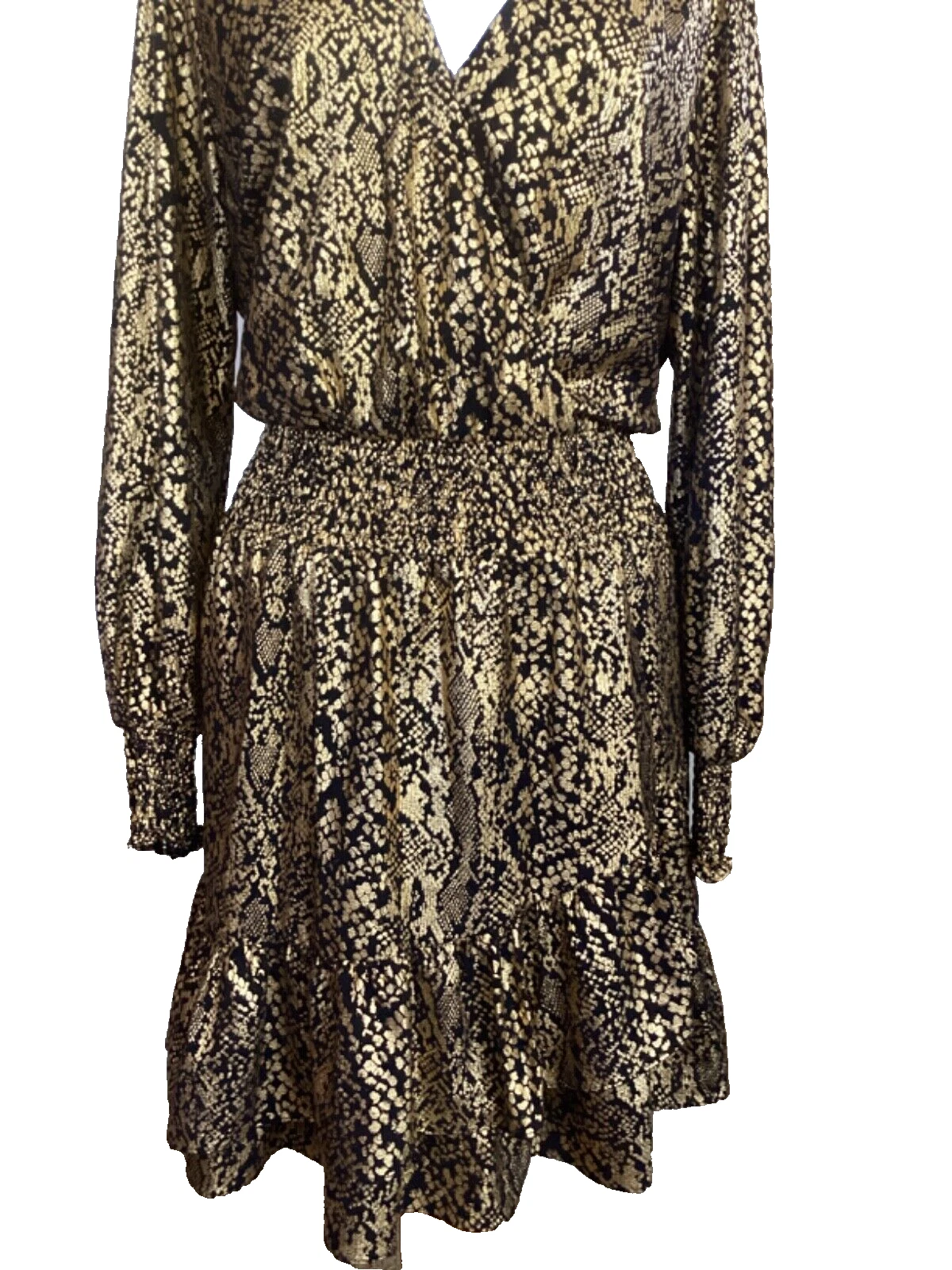 ABITO DA COCKTAIL MICHAEL KORS NERO E ORO LAMINA METALLICA STAMPA SERPENTE RUFFLE TAGLIA XL
