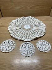 Vintage Hand Crocheted Doily 15 Inches, 3 Crocheted Coasters