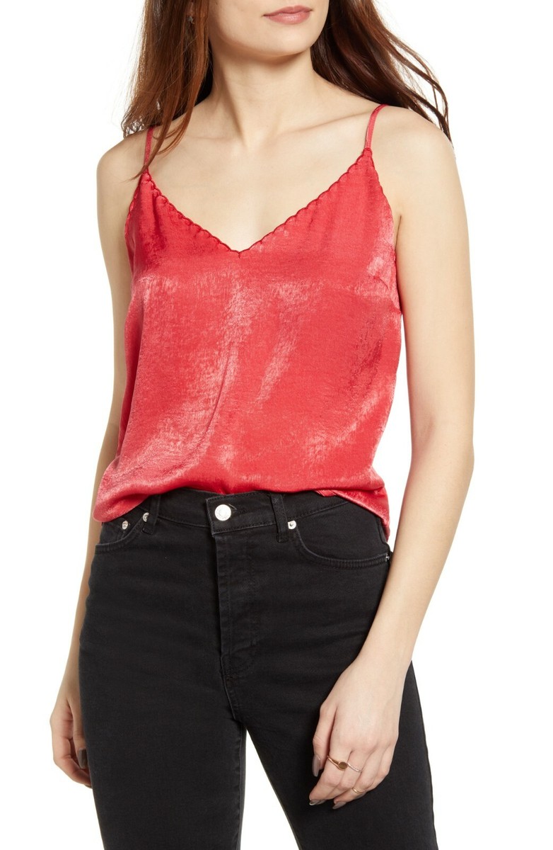 NWT Bp. Women's Scalloped Satin Camisole V-Neck Tank Top Red Size