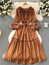 Women  Dress Travel Wear Sweet Embroidery Loose Waist Large Hem Midi Length 