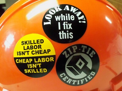 3 Hard Hat Stickers Look Away Zip Tie Skilled Labor Funny Bump Cap Helmet Decals
