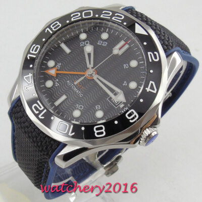 NH34 GMT Automatikuhr für Herren schwarzes Zifferblatt leuchtend Auto Datum Kautschukband 41mm