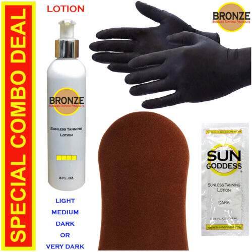 BRONZE - Sunless Self Tanning Lotion - 8 oz + Mitt, Gloves & Tanner (Best)* - Afbeelding 1 van 12