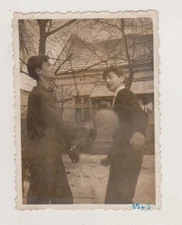 Young Lads and the Flying Ball: Snapshot Fun Unusual Abstract Vintage Photo