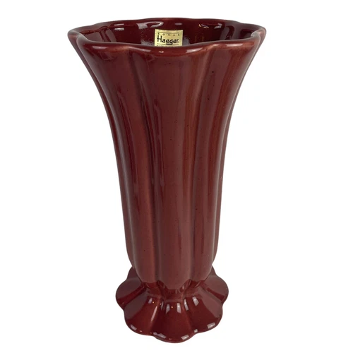 ROYAL HAEGER Large 12” Trumpet Vase Maroon with Ruffled Rim Original Sticker