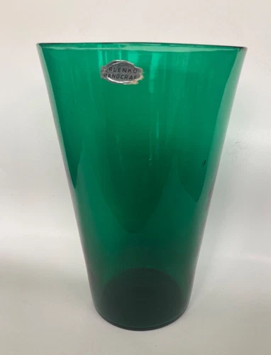 LARGE! Blenko 9 3/4" tall Green Hand Blown Glass Vase Original Sticker! 6" diam.