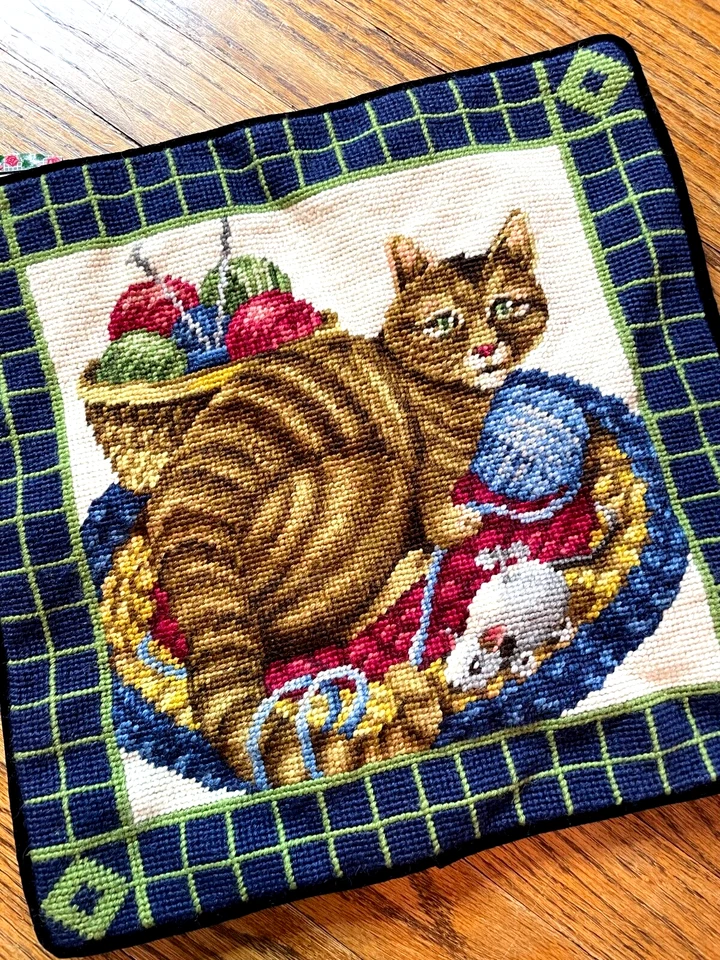 NUEVA Funda Almohada Hecha a Mano Lana Punta de Aguja Gato Gatito Hilo Tejer 14" Foto 2 de 3