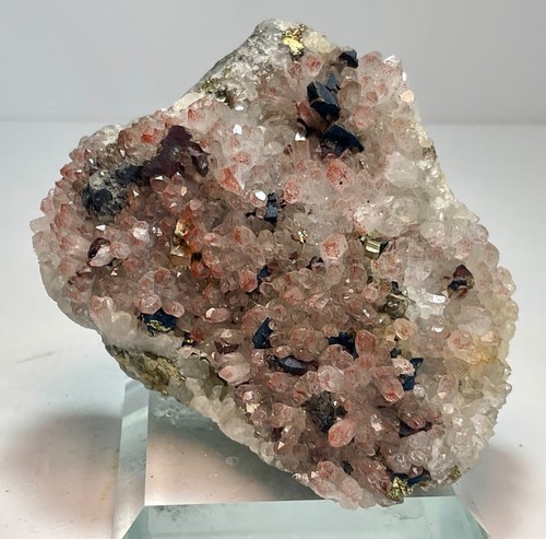 Quarz roter Hämatit Quarz Specularit Chalkopyrit Pyrit 212g Glassockel - Bild 6 von 13