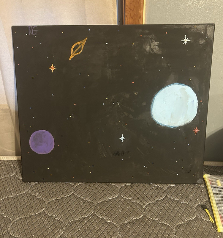RG Signed Large Abstract Outer Space Planets & Stars Painting, Unframed