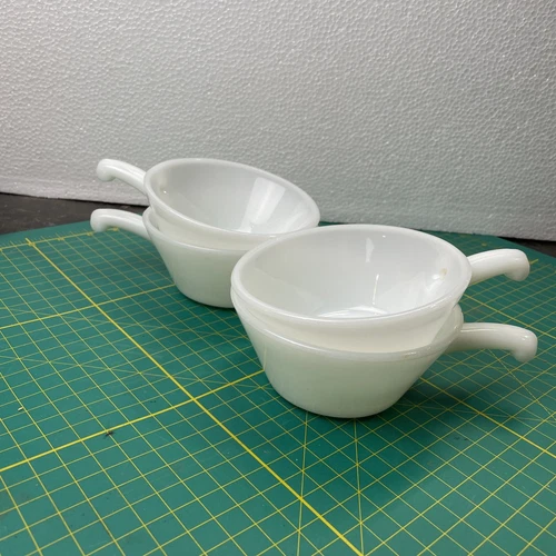4 Anchor Hocking Fire King Soup / Chili Bowls with Handles Vtg Milk Glass USA