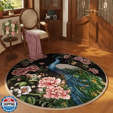 Vowkten Round Rug 4ft Washable Circle Rug Non Slip Low Pile Floral Peacock An