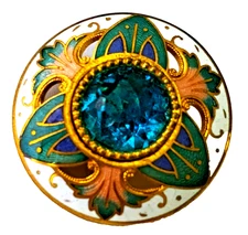 Stunning Large Antique Jeweled Pierced Enamel Button - Gay Ninety Era