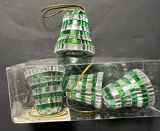 4 Green & Silver Mirror Bell Christmas Ornaments Shiny Mosaic Reflective 2” Tall