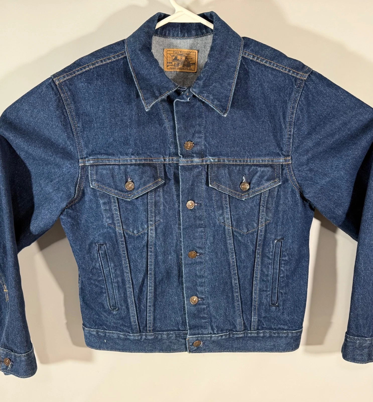 VTG Plain Pockets Dark Denim Jacket Blue Jean Trucker Size 40 USA Prisonwear N