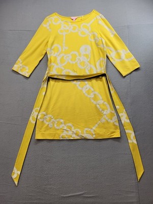 Lilly Pulitzer Women Dress L Yellow Chain Lock Round Neck 3/4 Sleeve Belted