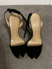 Gucci Black Gold Strappy Heels Women's Buckle Leather Open Toe Cone Heel