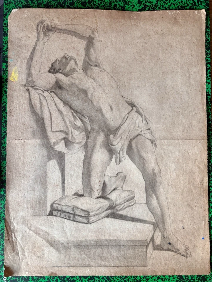 Dessin Ancien Au Crayon Homme Nu Regardant En L’air Ses Mains En Prière - Photo 2/4