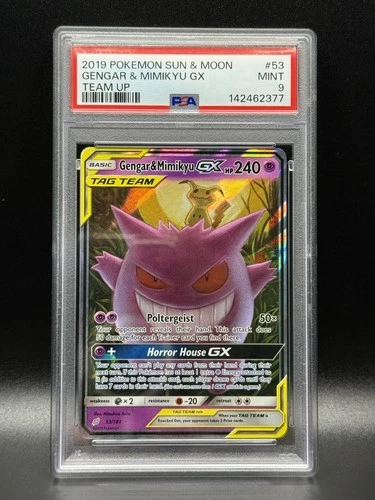 PSA 9 MINT Gengar & Mimikyu GX 53 Team Up Pokemon Card