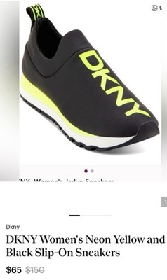 DKNY Womens Jadyn Neon Yellow Black Slip-On Sneakers Glitter Logo Manmade Upper