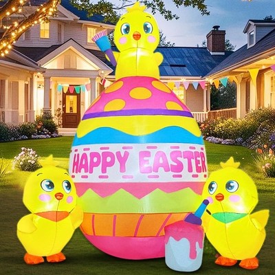 5.5FT Easter Inflatable Three Chicks with Colorful Eggs Decorations, Blow up Yar