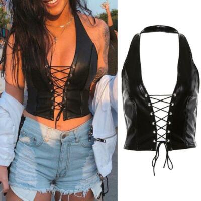 Women Punk Sleeveless Crop Top Halter Backless Faux Leather Lace-Up Hollow  Vest UK