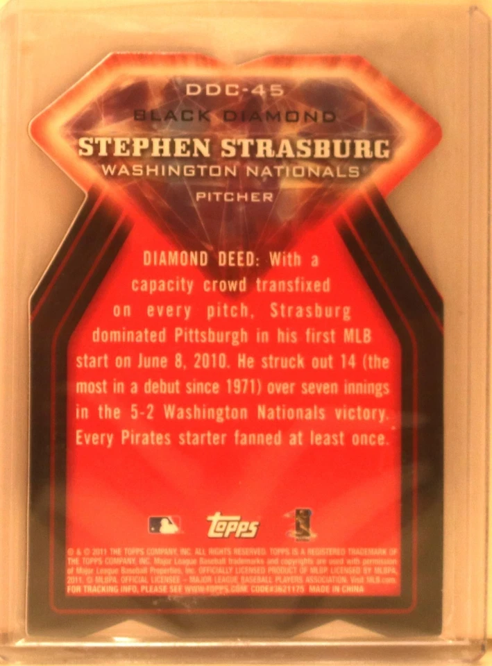2011 TOPPS DIAMOND DIE CUT BLACK DDC-45 STEPHEN STRASBURG 29/60 WITHOUT COATING - Image 2 of 2