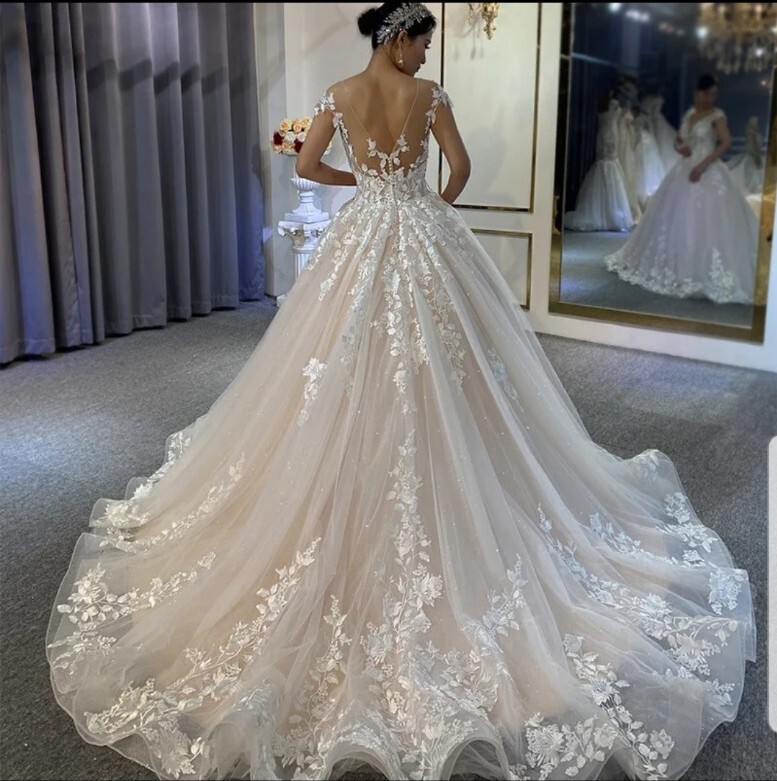 UK Cap Sleeve A Line Glitter Tulle White Ivory Champagne