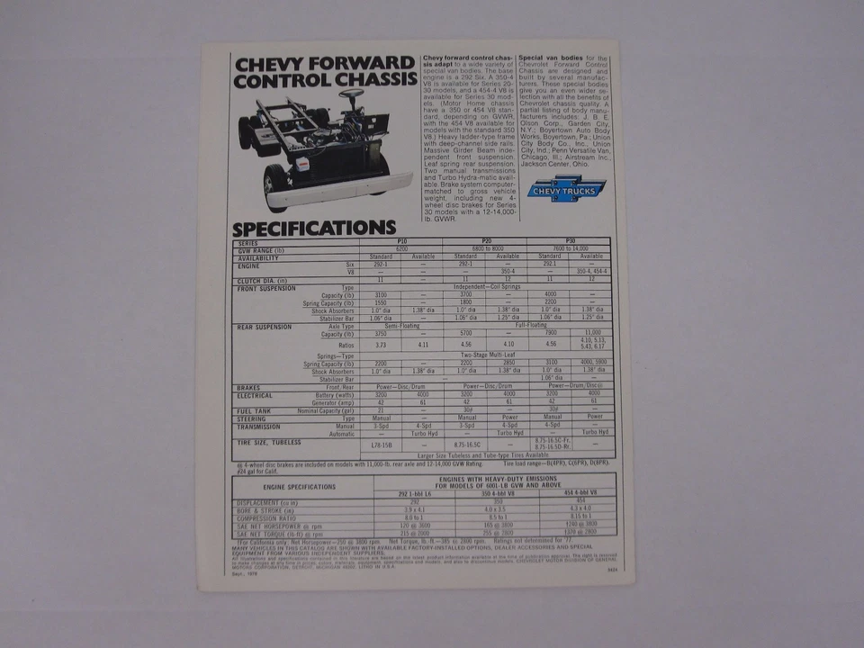 Chevrolet Chevy 1977 chasis de control delantero P10 P20 P30 carpeta de folleto de ventas Foto 3 de 3