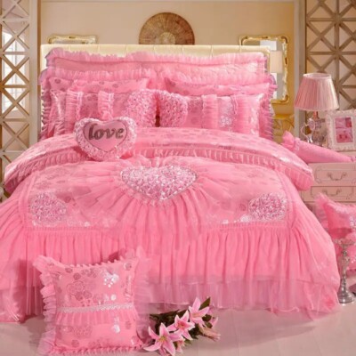 Queen Frilly Cotton Lace Pink Bridal Love Heart 6 Pieces Bedding Set