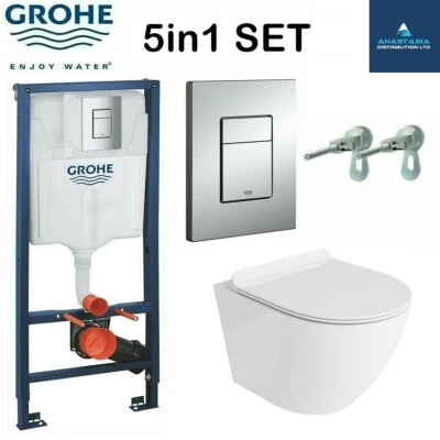 Anas Rimless toilet wall hung pan slim seat grohe frame 1.12 38772001 chrome flu