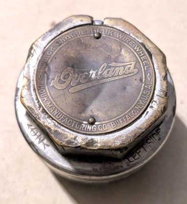 antique 1920's overland automobile hub cap/dust cover/grease cap/brass/nickel