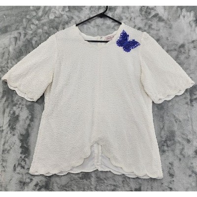 Vintage 80s Creative Touch Top Womens M White Blue Beaded Butterfly Scalloped