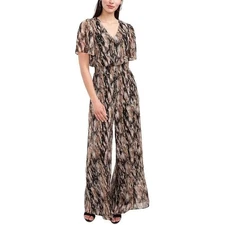 MSK Womens Wide Leg Smocked Jumpsuit Short Sleeve Pinstripe Brown Size Medium