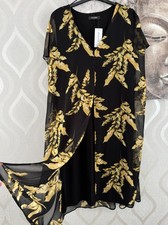 Image of EVANS Black & Mustard Leaf Chiffon Overlay Dress BNWT Plus Size 22