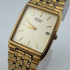 VTG Seiko Quartz Watch 7N29-5B29 Men Gold Tone Rectangle Analog New Battery 7"