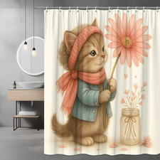 Cute Kitten Floral Shower Curtain - Pink Flower Kids Bathroom Decor
