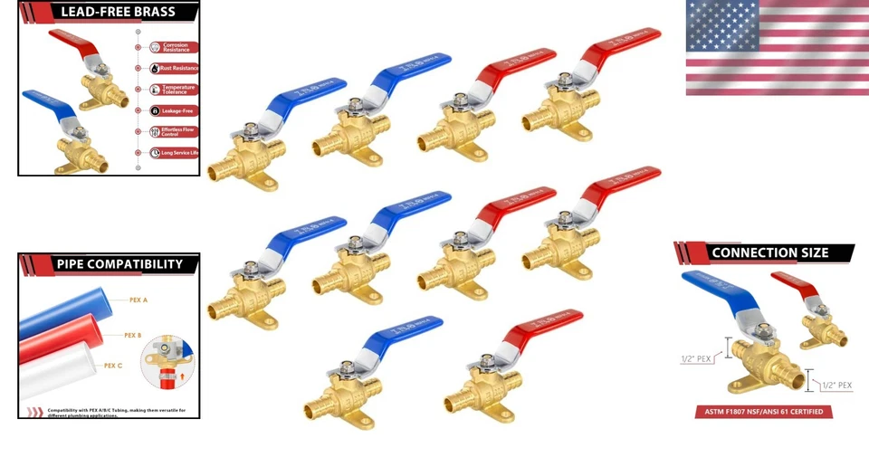 Pex Brass Shut-off Valve, 10-Pack, Red/Blue Levels - Image 2 of 4